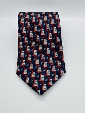 LANVIN PARIS Silk Necktie Geometric Pattern Black Silver Red Cream Mens